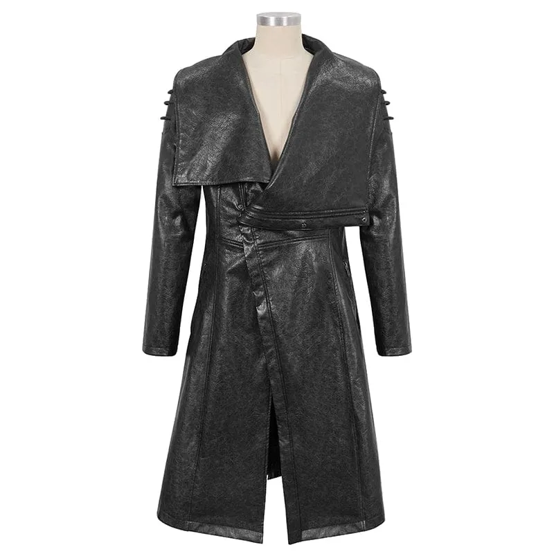 Men's Punk Stand Collar Faux Leather Long Coat