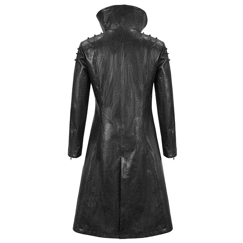 Men's Punk Stand Collar Faux Leather Long Coat