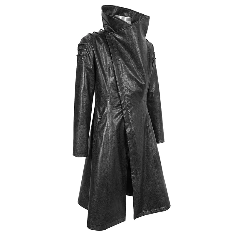 Men's Punk Stand Collar Faux Leather Long Coat