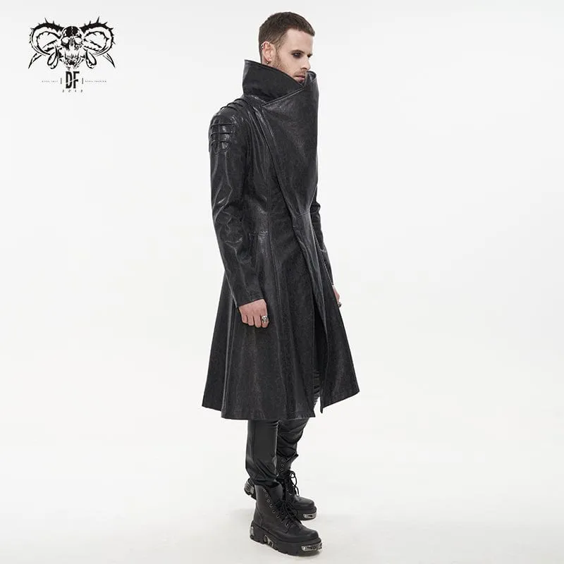Men's Punk Stand Collar Faux Leather Long Coat