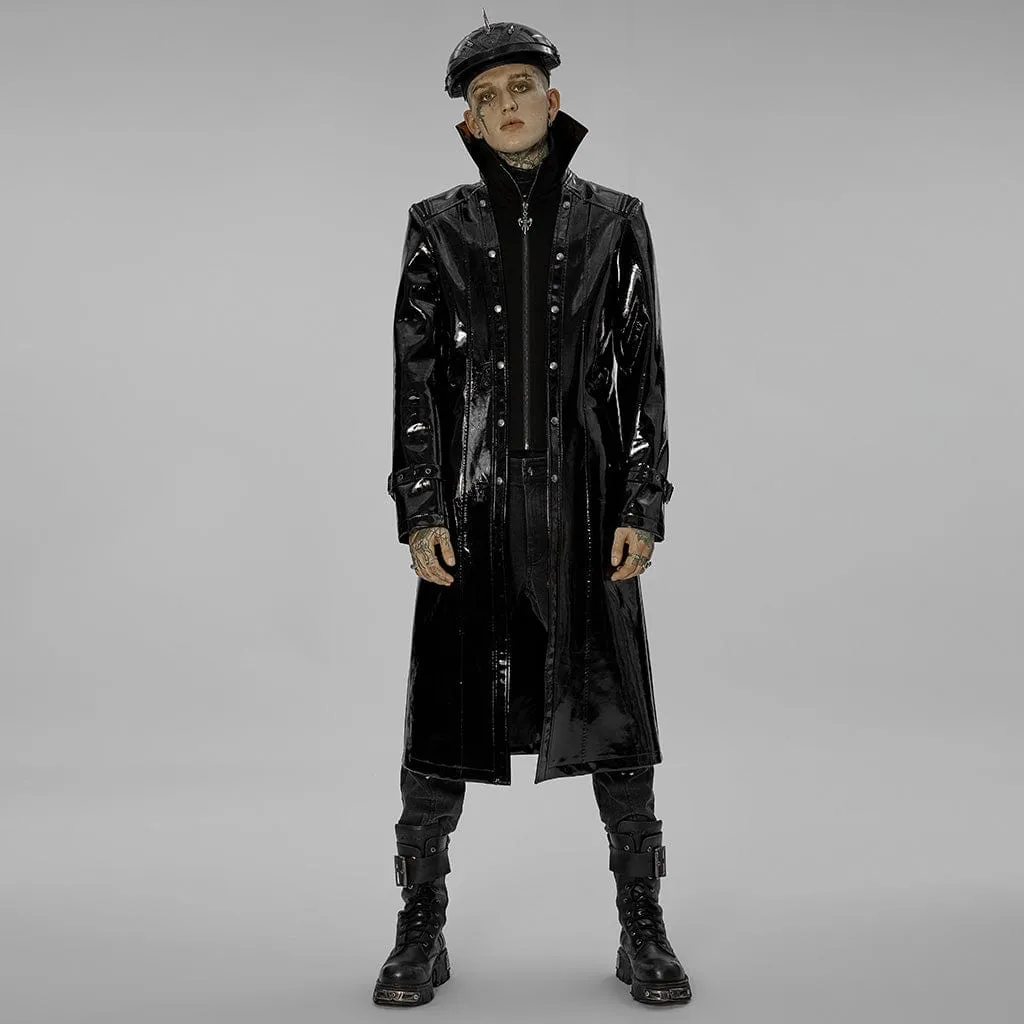 Men's Punk Stand Collar Patent Leather Long Coat