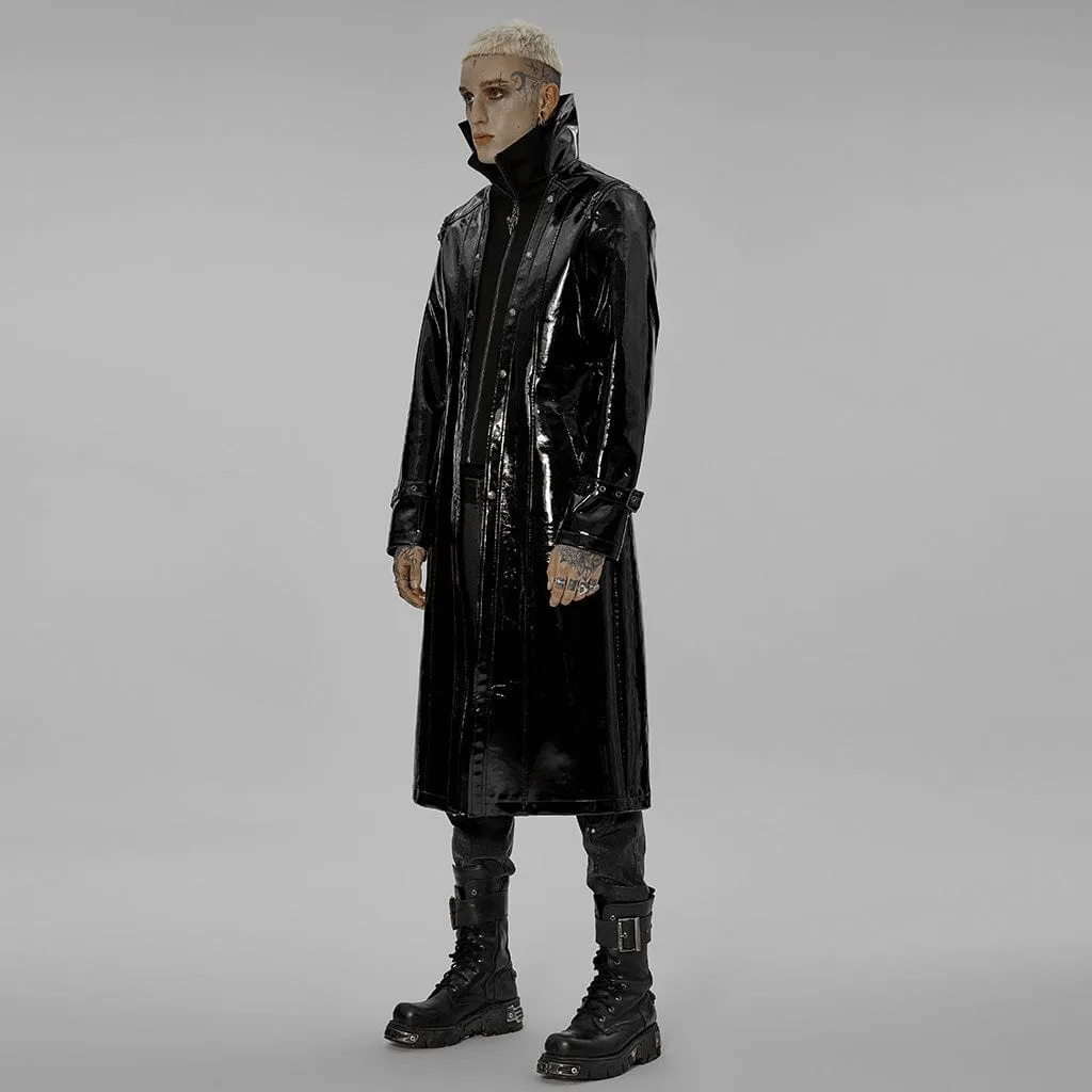 Men's Punk Stand Collar Patent Leather Long Coat