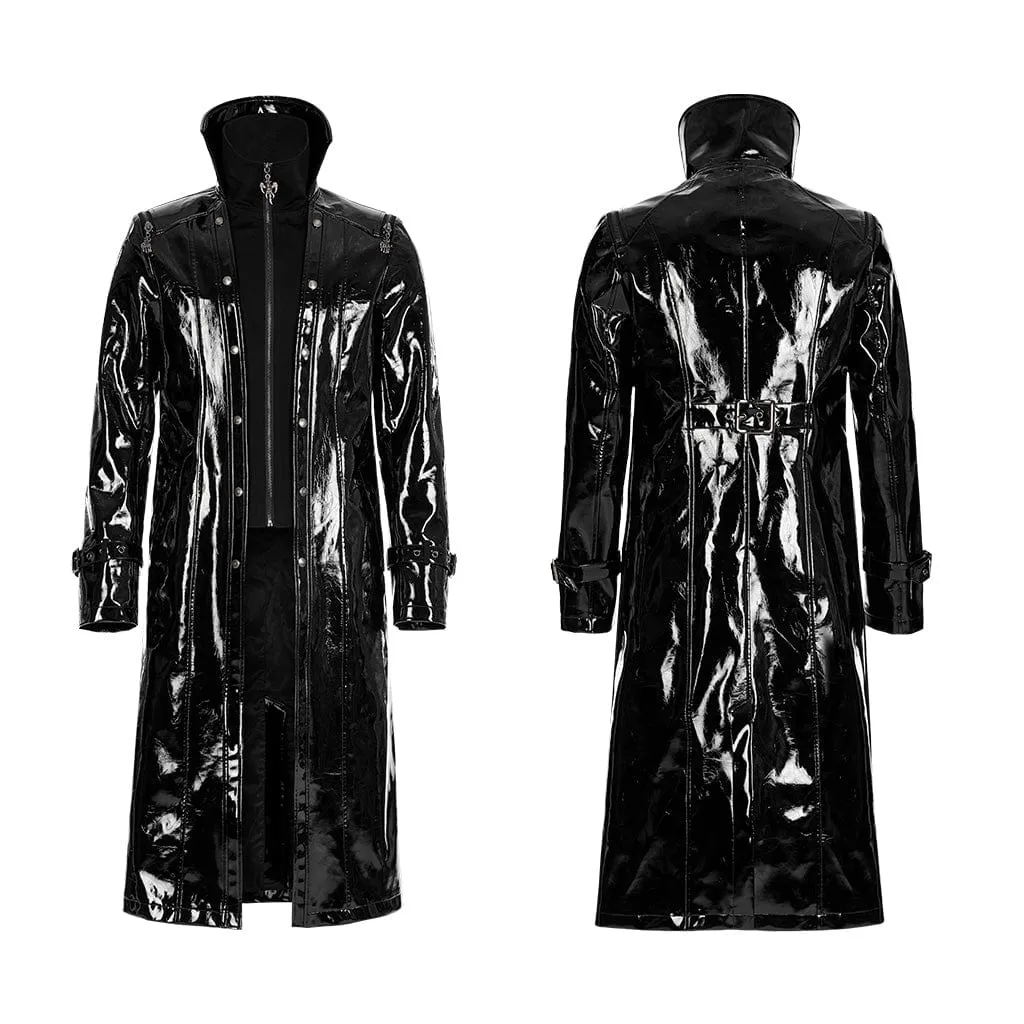 Men's Punk Stand Collar Patent Leather Long Coat