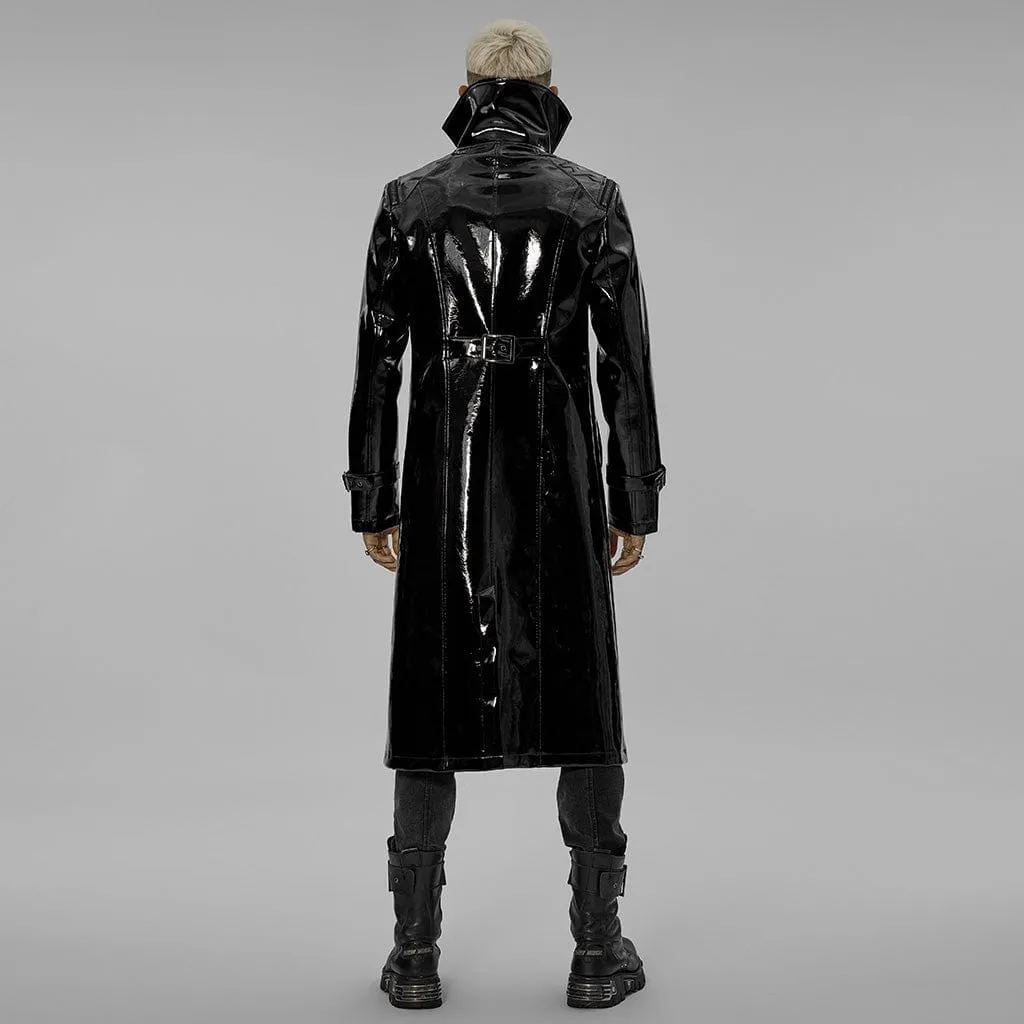 Men's Punk Stand Collar Patent Leather Long Coat