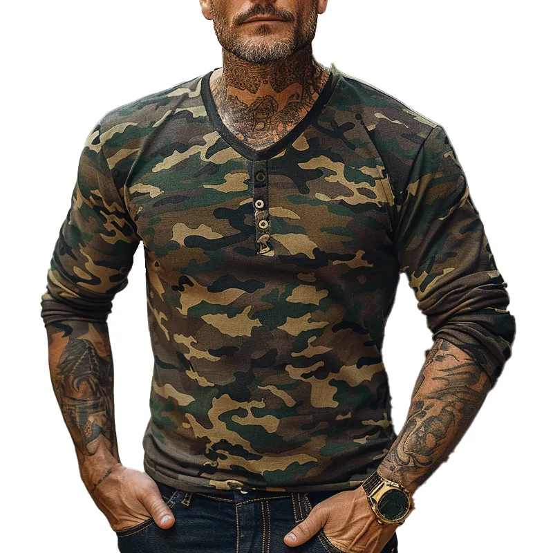 Men's Vintage Camouflage Henley Collar Long Sleeve T-Shirt 75178214X