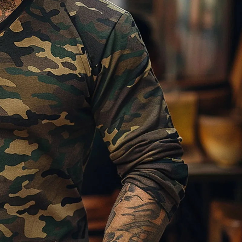 Men's Vintage Camouflage Henley Collar Long Sleeve T-Shirt 75178214X