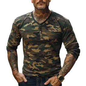 Men's Vintage Camouflage Henley Collar Long Sleeve T-Shirt 75178214X