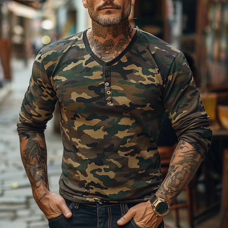 Men's Vintage Camouflage Henley Collar Long Sleeve T-Shirt 75178214X