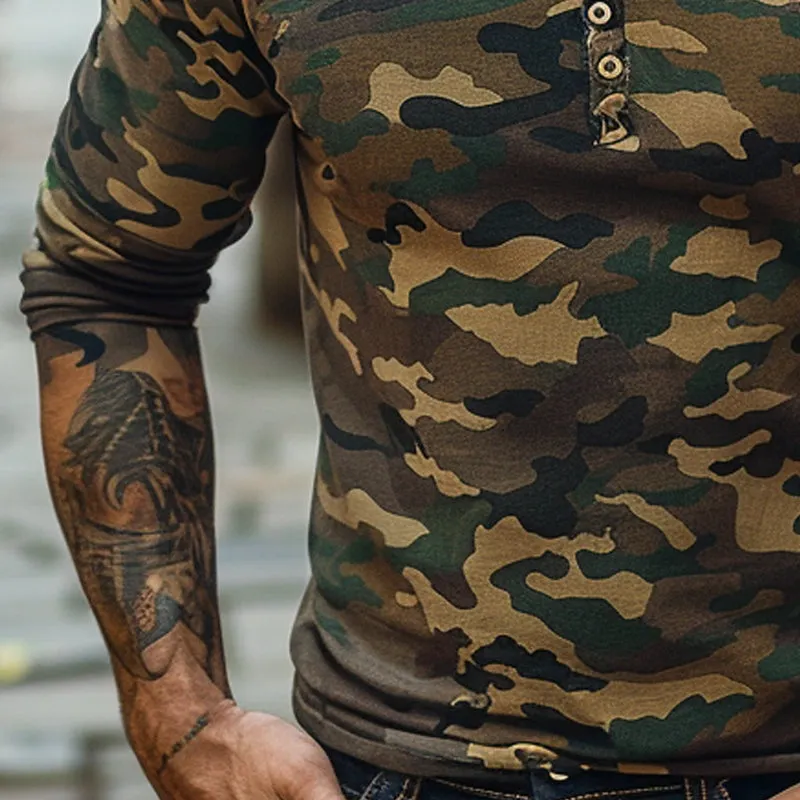 Men's Vintage Camouflage Henley Collar Long Sleeve T-Shirt 75178214X