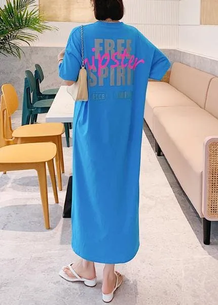 Natural blue Letter clothes Women o neck side open long Dress
