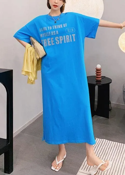 Natural blue Letter clothes Women o neck side open long Dress