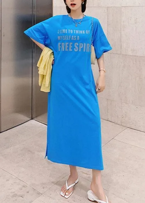 Natural blue Letter clothes Women o neck side open long Dress