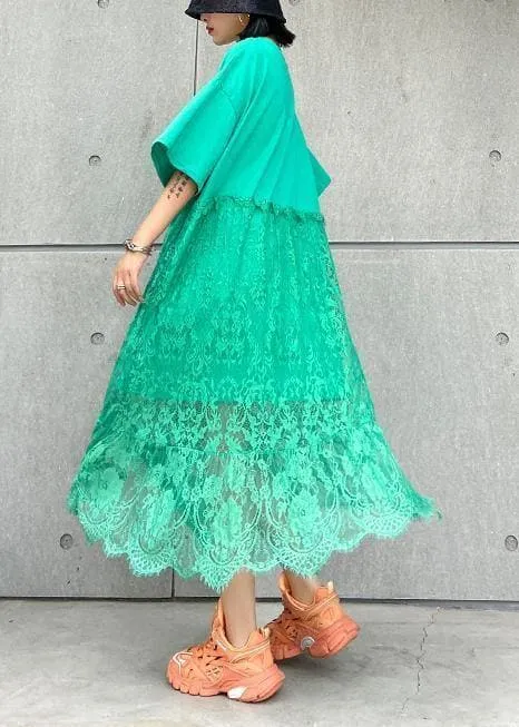 Natural green cotton clothes Women o neck patchwork lace Maxi Dresses