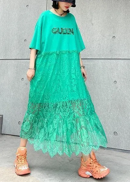 Natural green cotton clothes Women o neck patchwork lace Maxi Dresses