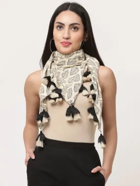 Off White Cotton Printed Detailed Scarf