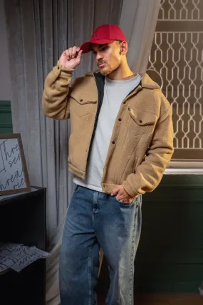 Oversized Cropped Teddy Jacket - Beige