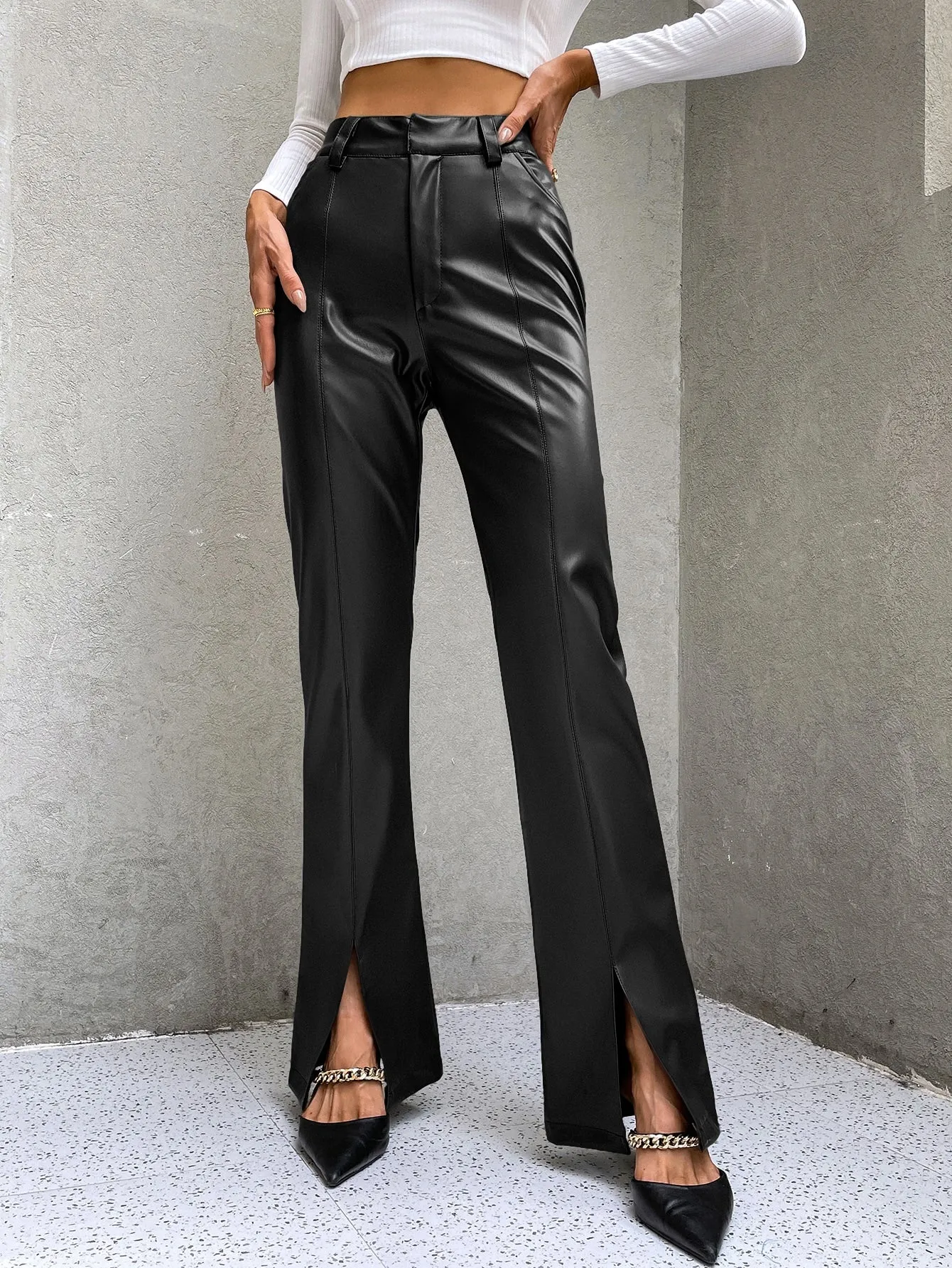 SHEIN ICON High Waist Slit Hem PU Leather Flare Leg Pants