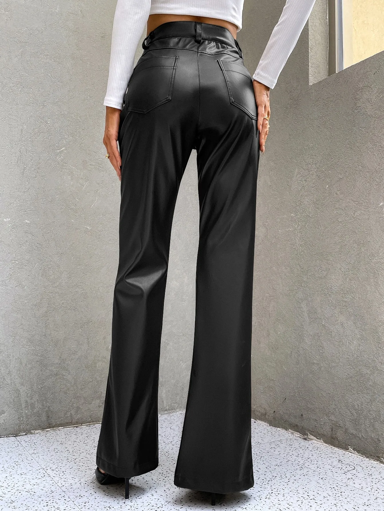 SHEIN ICON High Waist Slit Hem PU Leather Flare Leg Pants
