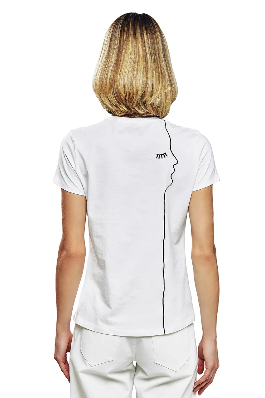 Short Sleeve Cotton T-Shirt with Embroidered Face Silhouette