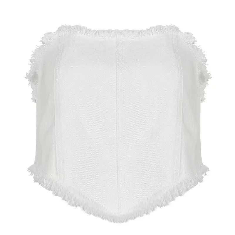 Strapless Slim Fit Crop Top White Denim Vest