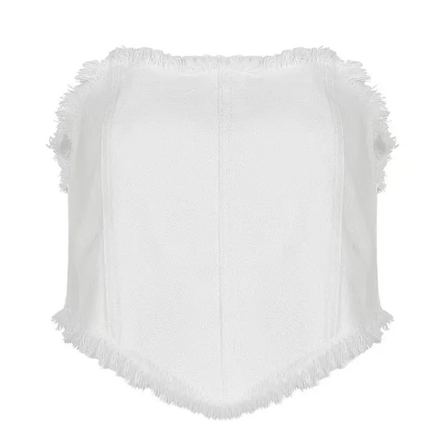 Strapless Slim Fit Crop Top White Denim Vest