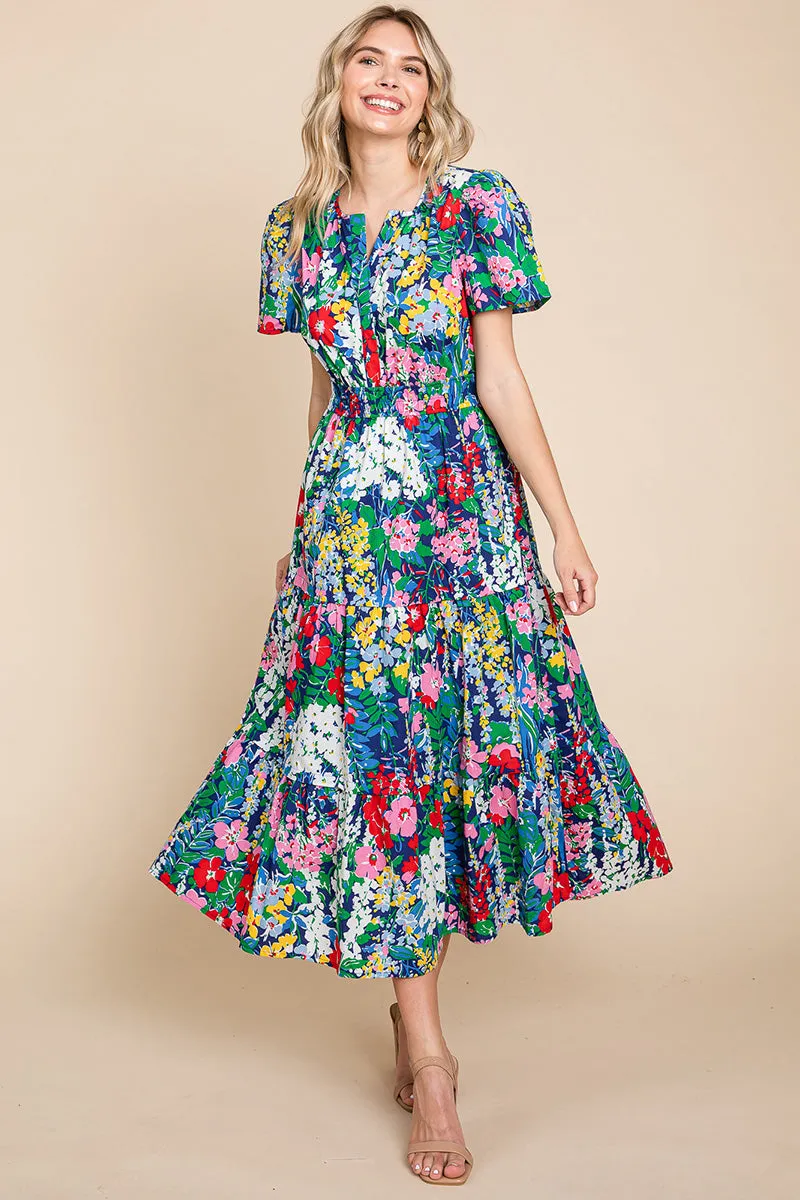 Tiered Floral Print V Neck Cotton Midi Dress
