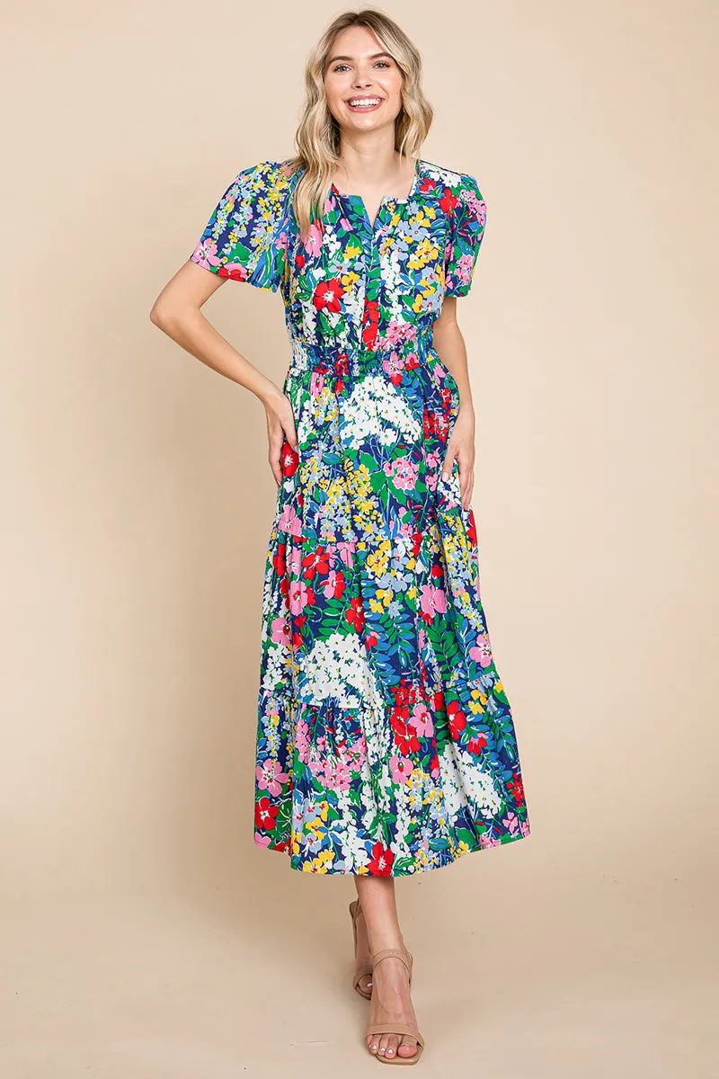 Tiered Floral Print V Neck Cotton Midi Dress