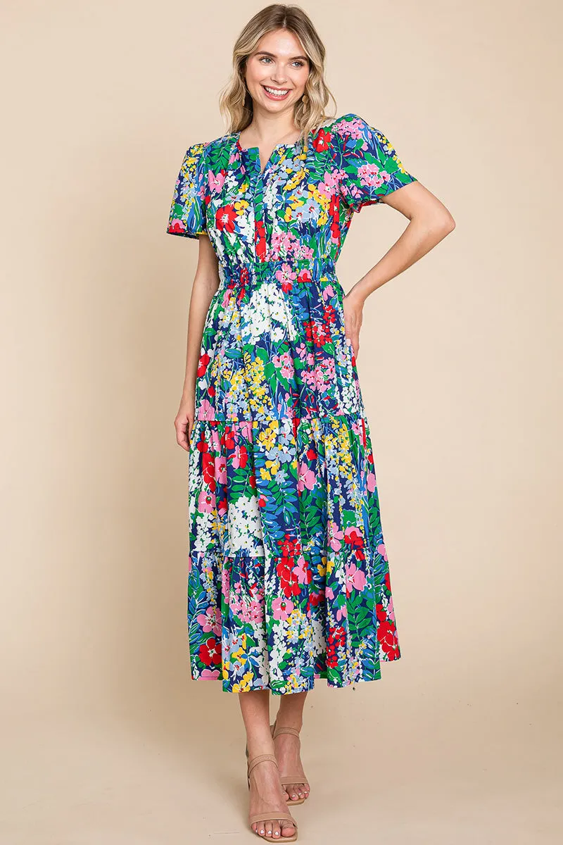Tiered Floral Print V Neck Cotton Midi Dress