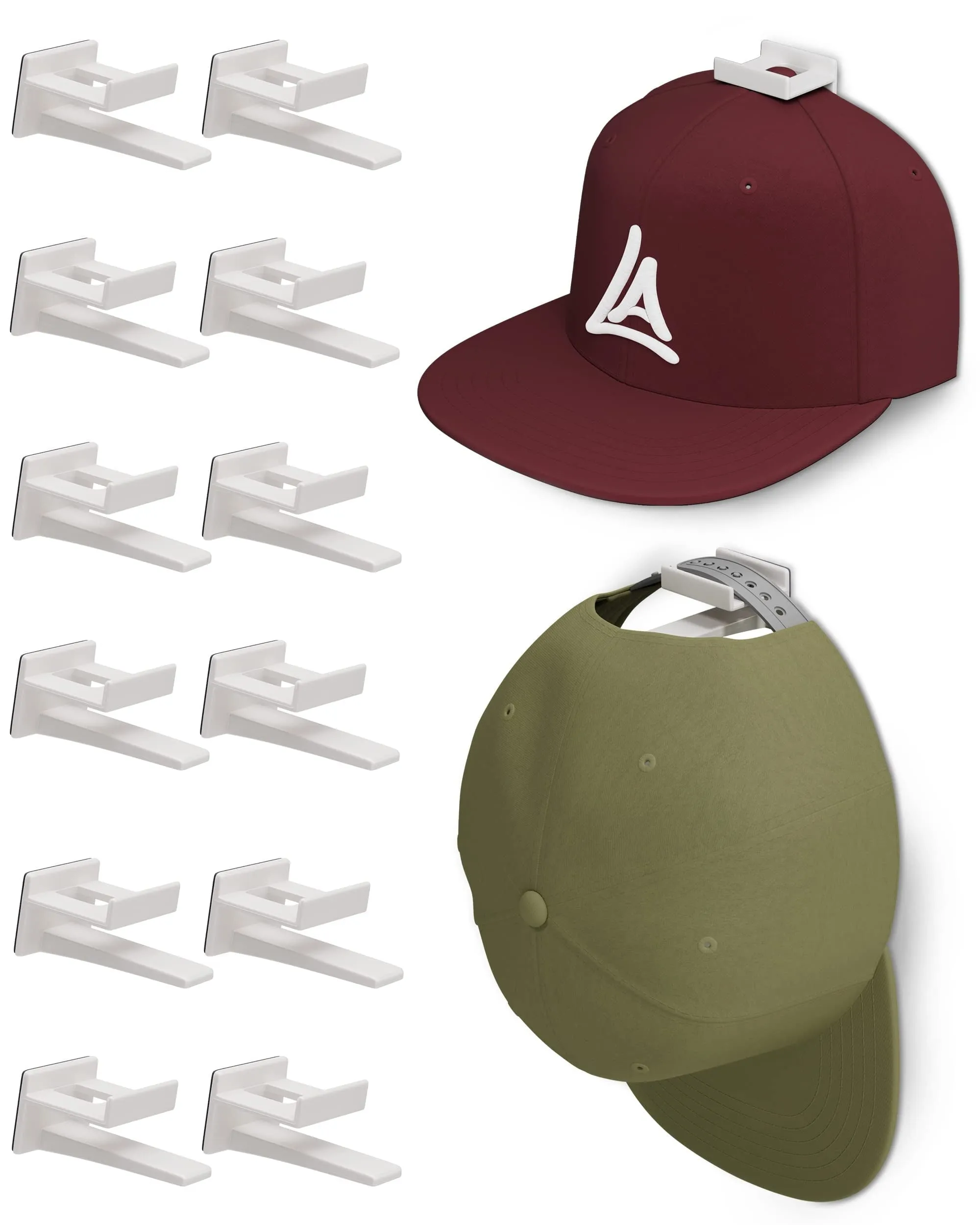 valiant Adhesive Hat Rack Display Hooks for Wall & Door (12 Pack) Baseball Cap Holder, Closet & Storage Organizer, Strong Cap Hanger for Room & Mancave, No Drilling, USA Patent Pending (White)