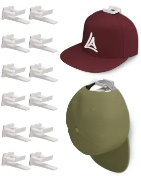 valiant Adhesive Hat Rack Display Hooks for Wall & Door (12 Pack) Baseball Cap Holder, Closet & Storage Organizer, Strong Cap Hanger for Room & Mancave, No Drilling, USA Patent Pending (White)