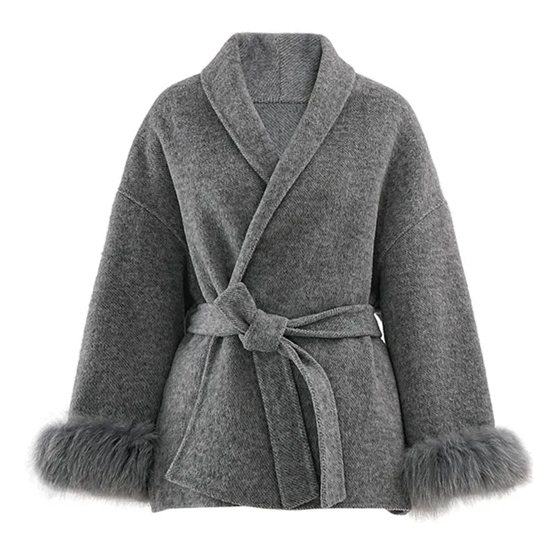 Wenkouban-Winter outfits Christmas Shawl Collar Faux Fur Sleeve Wrap Coat
