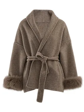 Wenkouban-Winter outfits Christmas Shawl Collar Faux Fur Sleeve Wrap Coat
