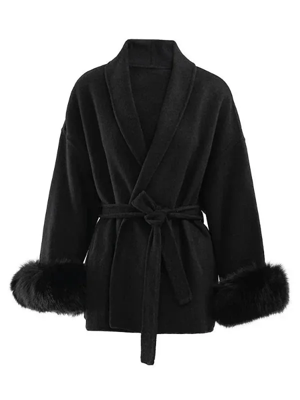 Wenkouban-Winter outfits Christmas Shawl Collar Faux Fur Sleeve Wrap Coat