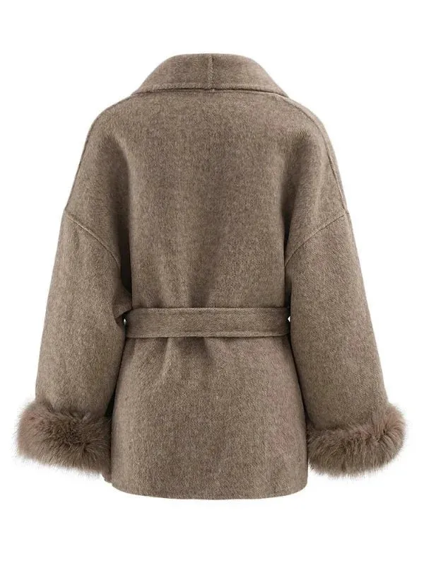 Wenkouban-Winter outfits Christmas Shawl Collar Faux Fur Sleeve Wrap Coat