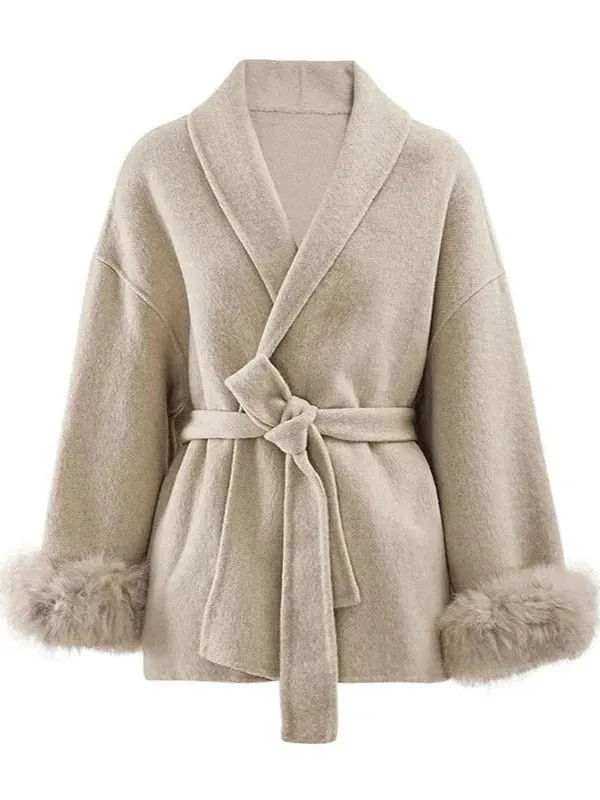 Wenkouban-Winter outfits Christmas Shawl Collar Faux Fur Sleeve Wrap Coat